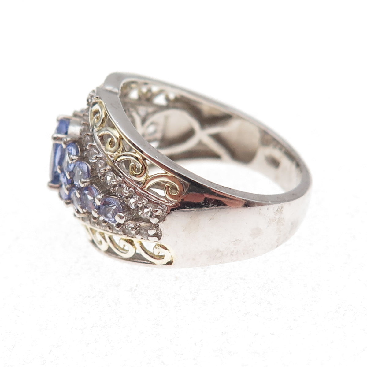 Chuck Clemency 925 Sterling 2-Tone Real Tanzanite & White Topaz Ring Size 8.25