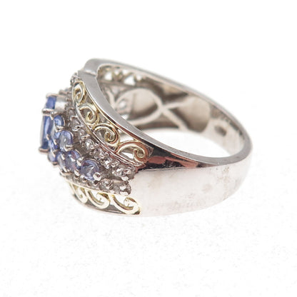 Chuck Clemency 925 Sterling 2-Tone Real Tanzanite & White Topaz Ring Size 8.25
