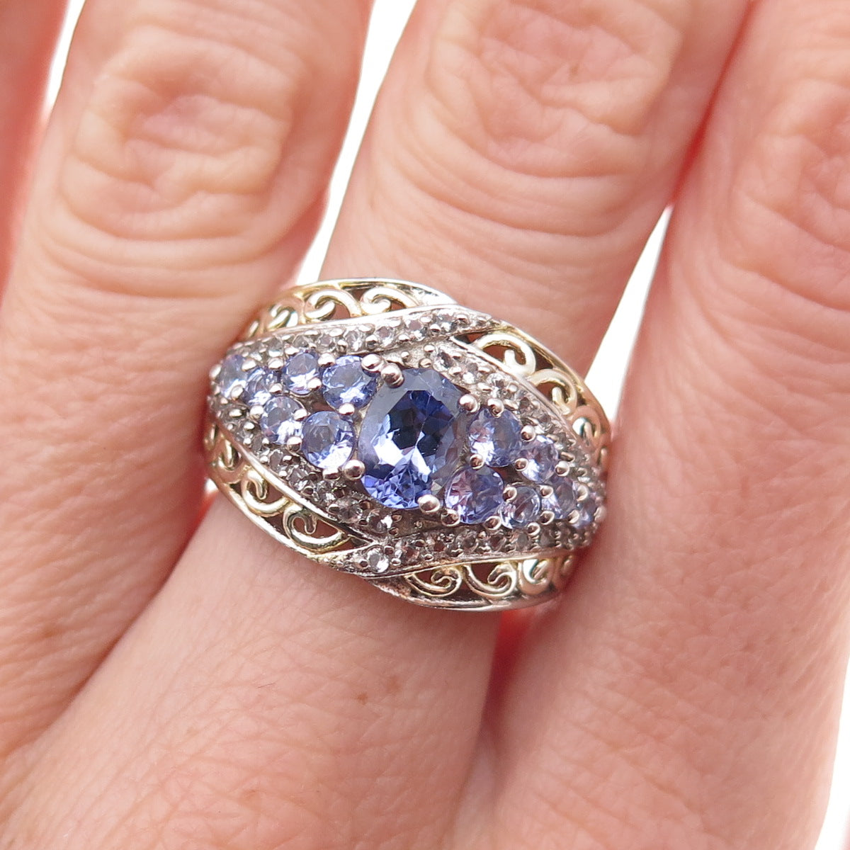 Chuck Clemency 925 Sterling 2-Tone Real Tanzanite & White Topaz Ring Size 8.25