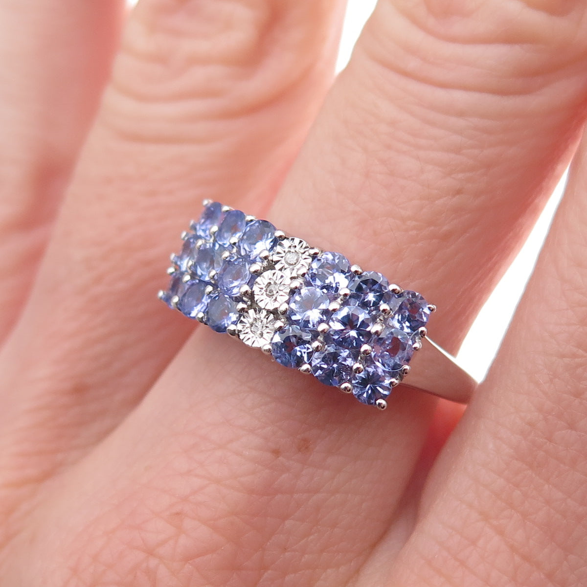 925 Sterling Silver Real Round-Cut Diamond & Tanzanite Ring Size 8.25