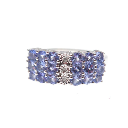 925 Sterling Silver Real Round-Cut Diamond & Tanzanite Ring Size 8.25