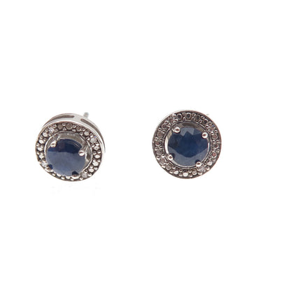 925 Sterling Silver Real Round-Cut Diamond & Sapphire Stud Earrings