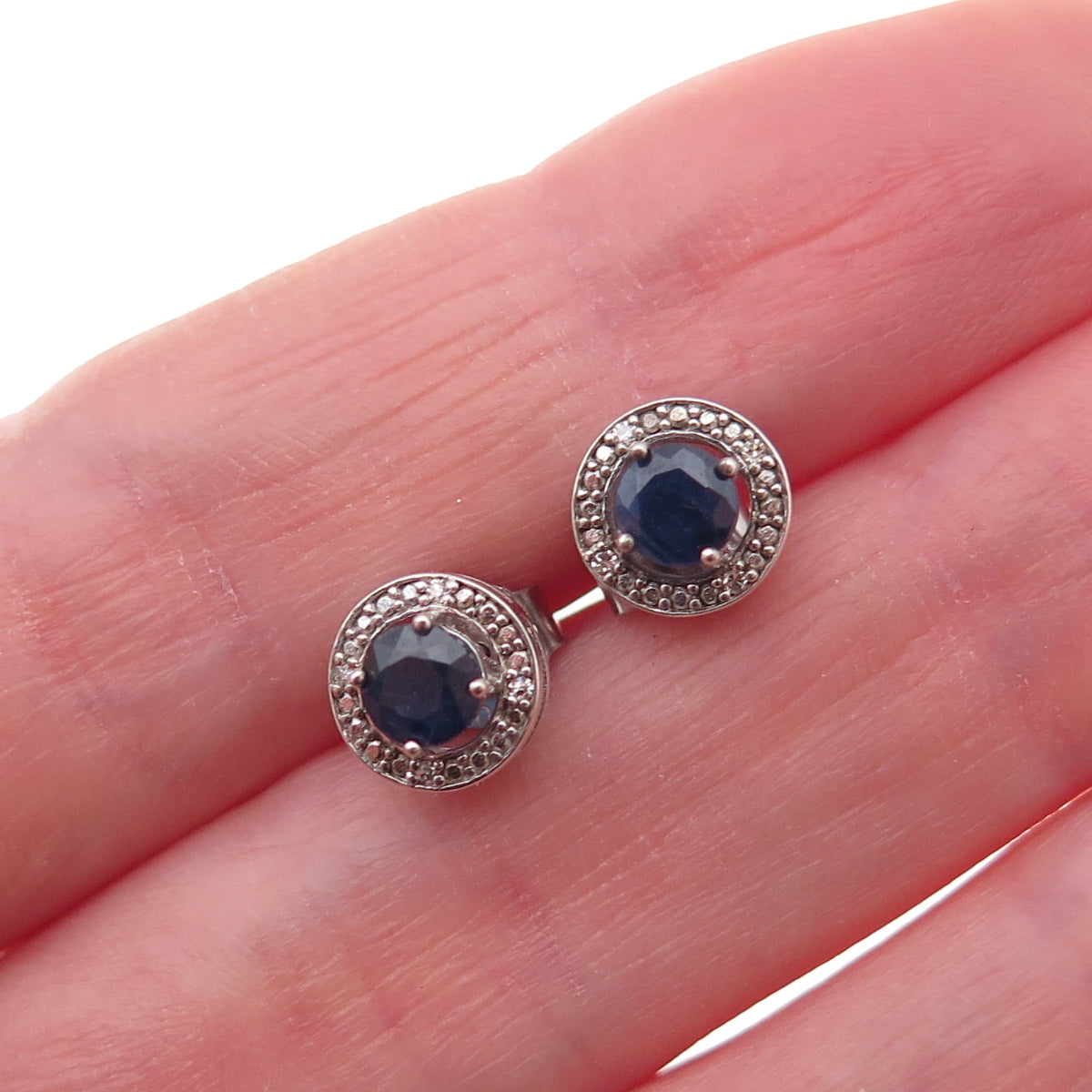 925 Sterling Silver Real Round-Cut Diamond & Sapphire Stud Earrings
