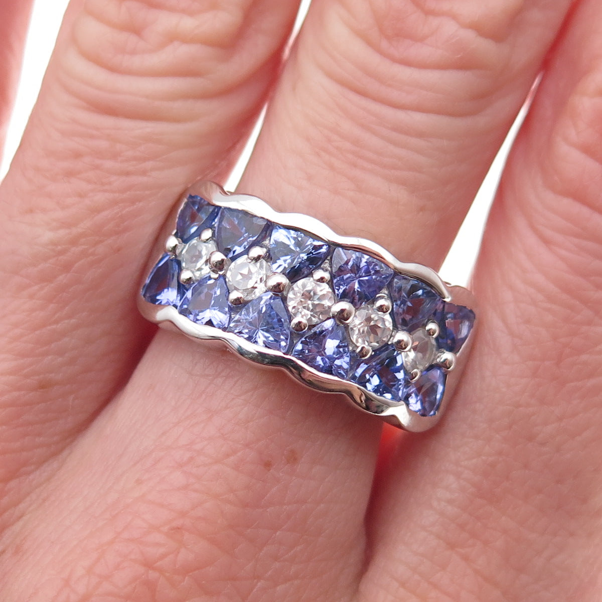 925 Sterling Silver Real Tanzanite & White Topaz Ring Size 8