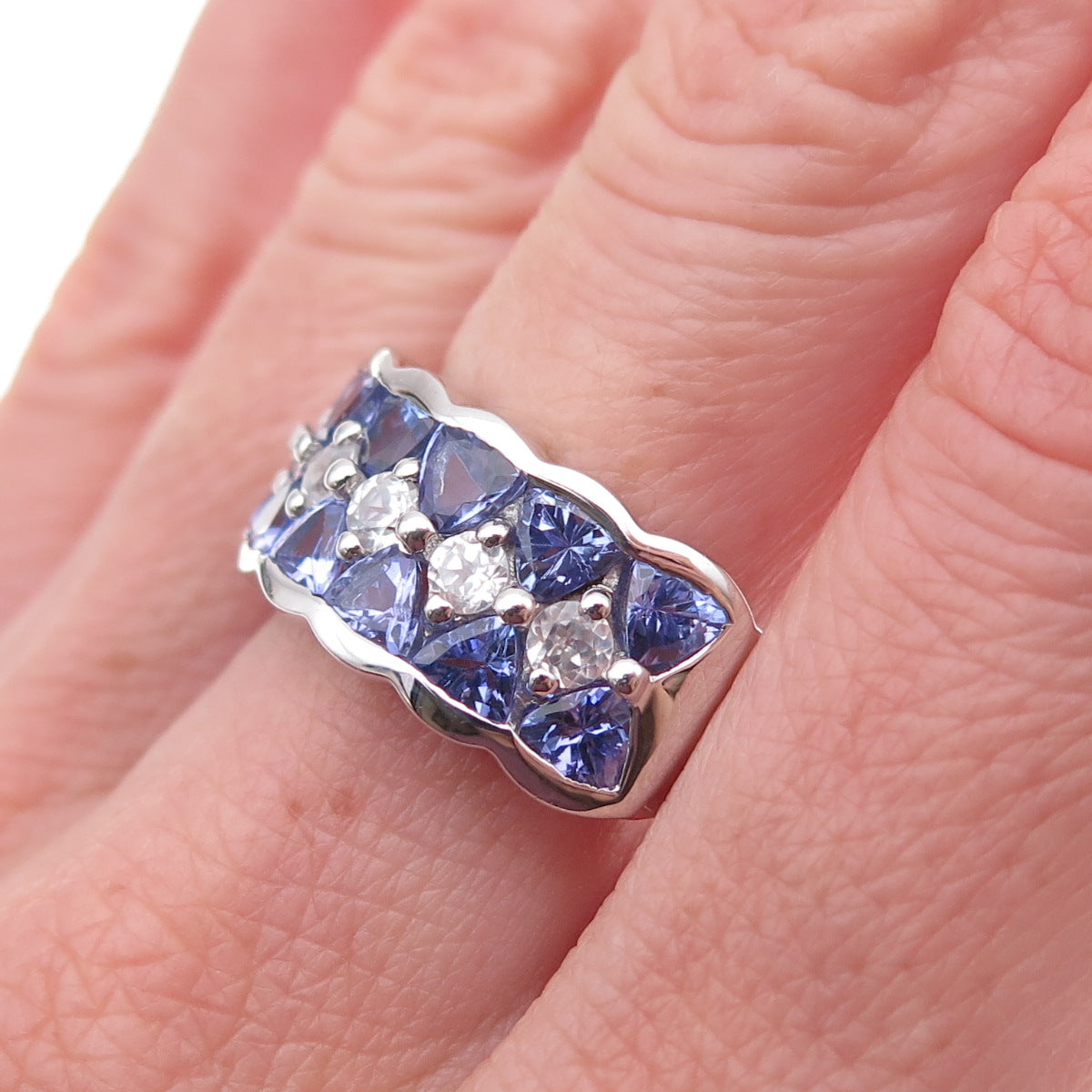 925 Sterling Silver Real Tanzanite & White Topaz Ring Size 8