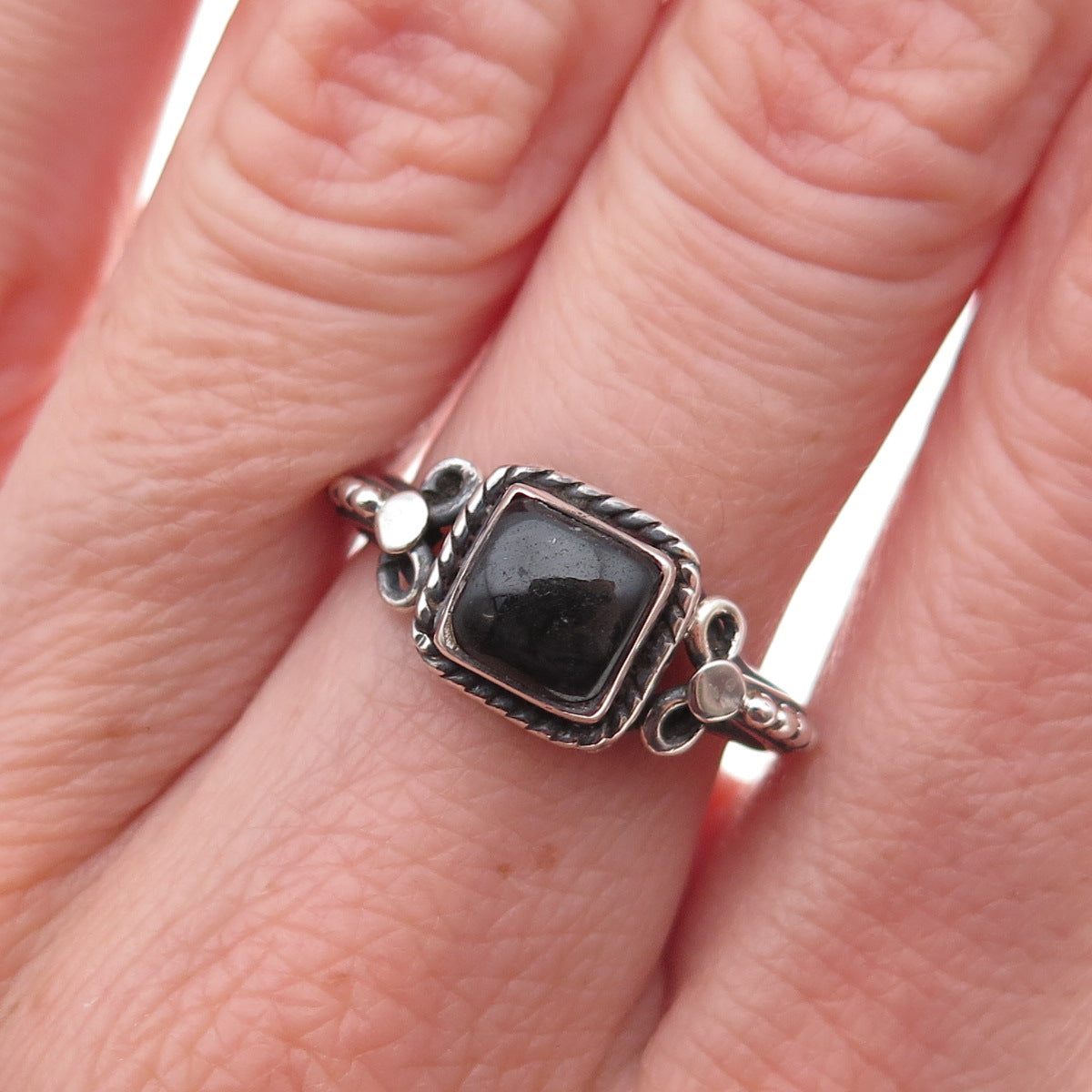 925 Sterling Silver Vintage Real Black Obsidian Oxidized Ring Size 7.5