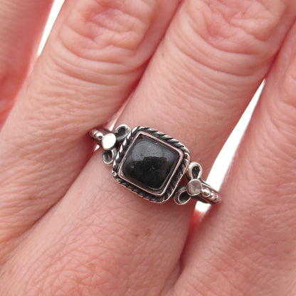925 Sterling Silver Vintage Real Black Obsidian Oxidized Ring Size 7.5