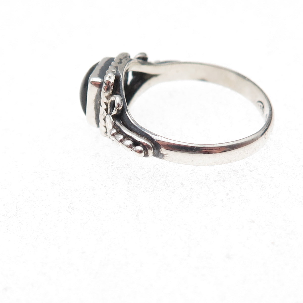 925 Sterling Silver Vintage Real Black Obsidian Oxidized Ring Size 7.5
