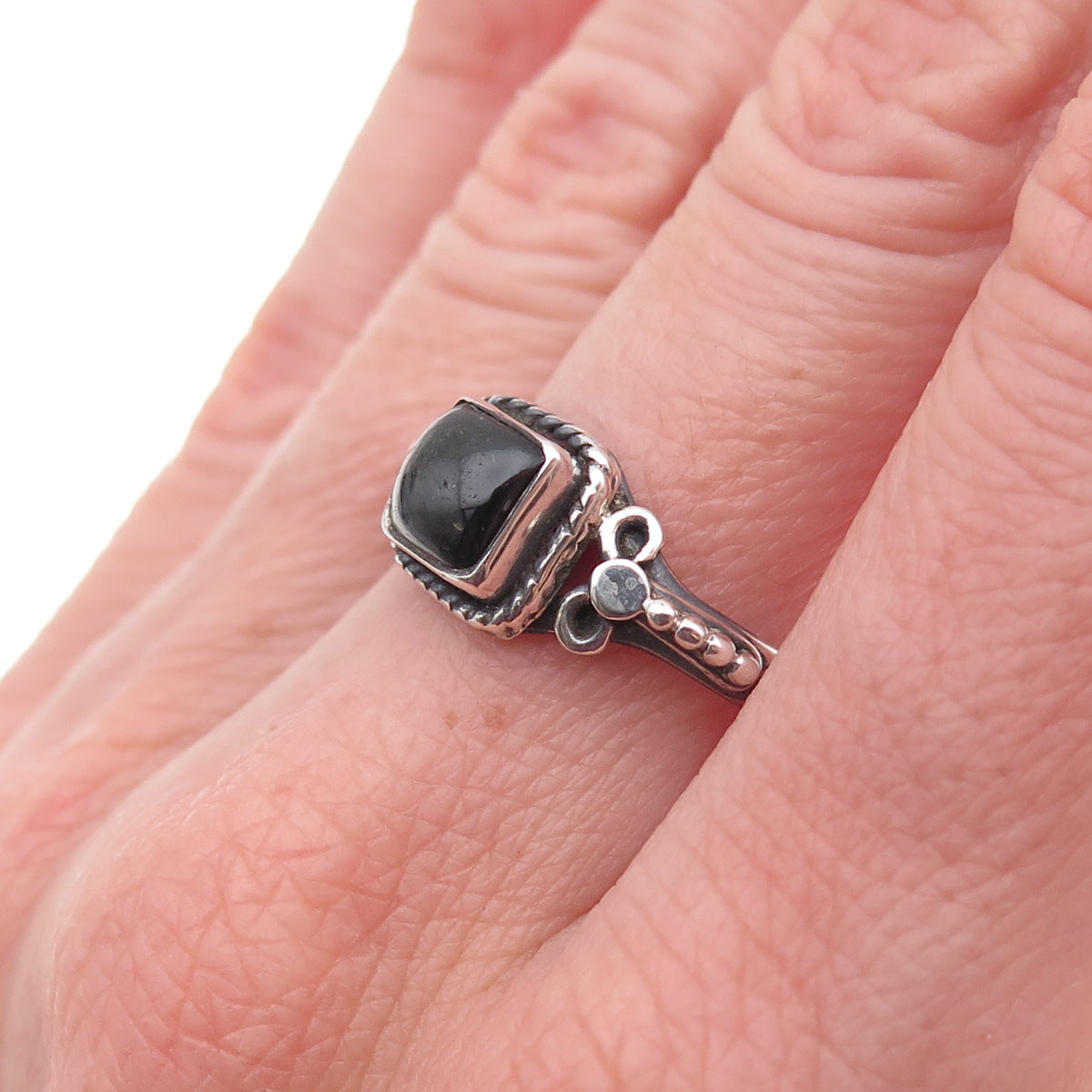 925 Sterling Silver Vintage Real Black Obsidian Oxidized Ring Size 7.5