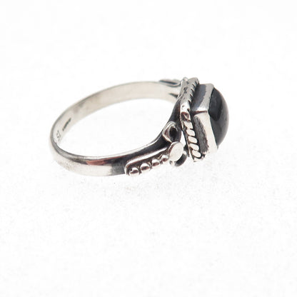 925 Sterling Silver Vintage Real Black Obsidian Oxidized Ring Size 7.5