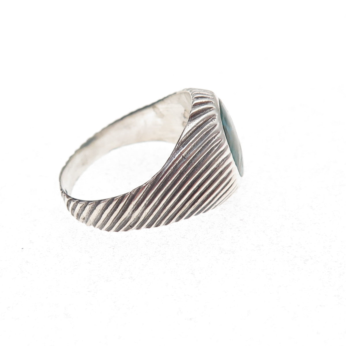 925 Sterling Silver Vintage Real Turquoise Ribbed Oxidized Ring Size 8