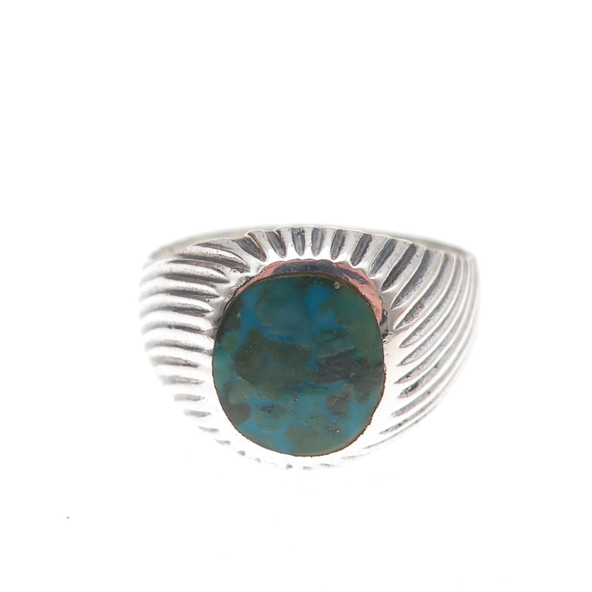 925 Sterling Silver Vintage Real Turquoise Ribbed Oxidized Ring Size 8