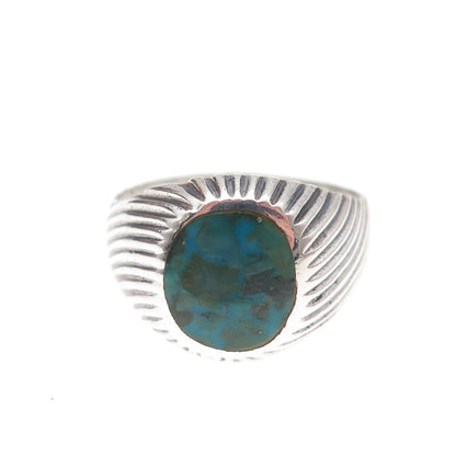 925 Sterling Silver Vintage Real Turquoise Ribbed Oxidized Ring Size 8