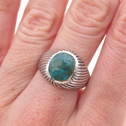 925 Sterling Silver Vintage Real Turquoise Ribbed Oxidized Ring Size 8