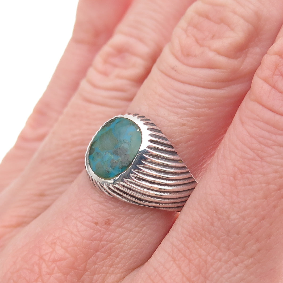 925 Sterling Silver Vintage Real Turquoise Ribbed Oxidized Ring Size 8