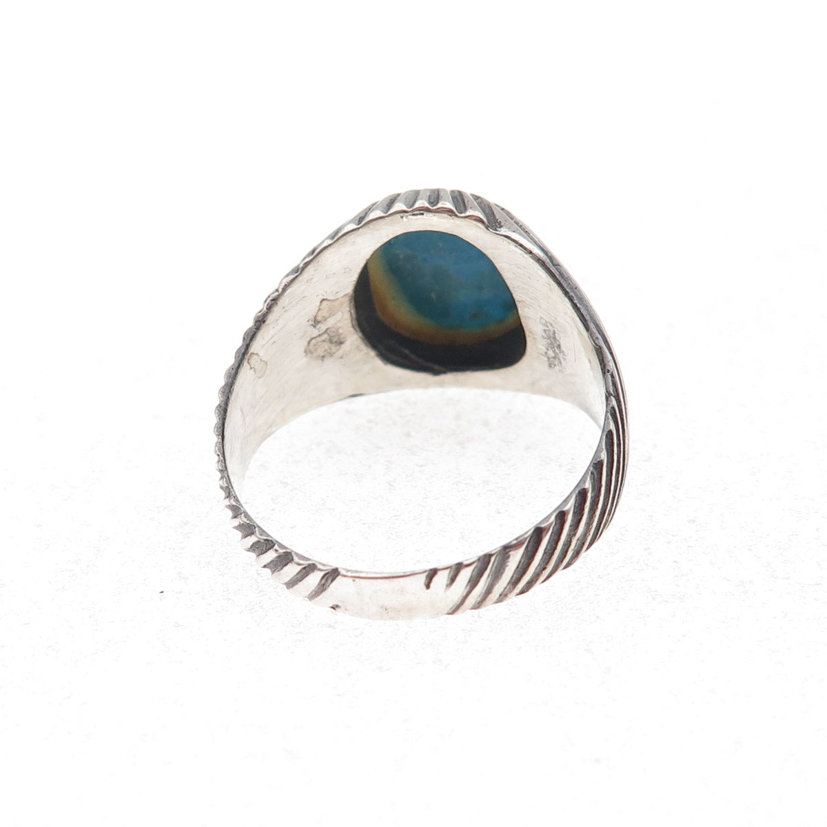 925 Sterling Silver Vintage Real Turquoise Ribbed Oxidized Ring Size 8