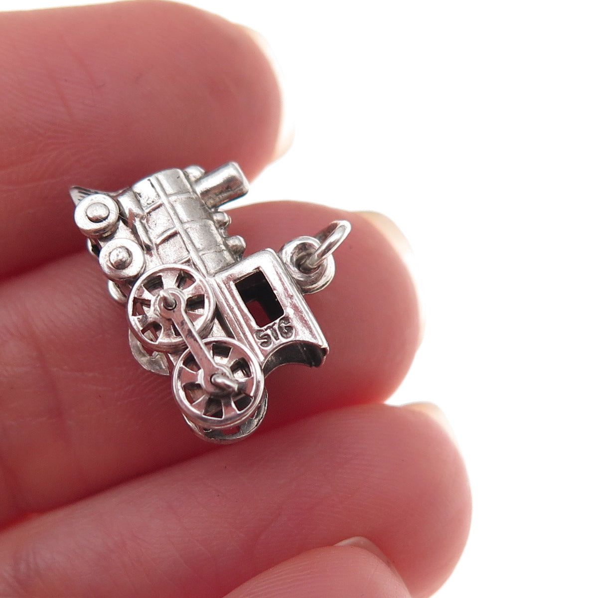 925 Sterling Silver Antique Art Deco Locomotive Train Oxidized 3D Charm Pendant