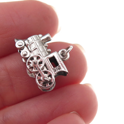 925 Sterling Silver Antique Art Deco Locomotive Train Oxidized 3D Charm Pendant