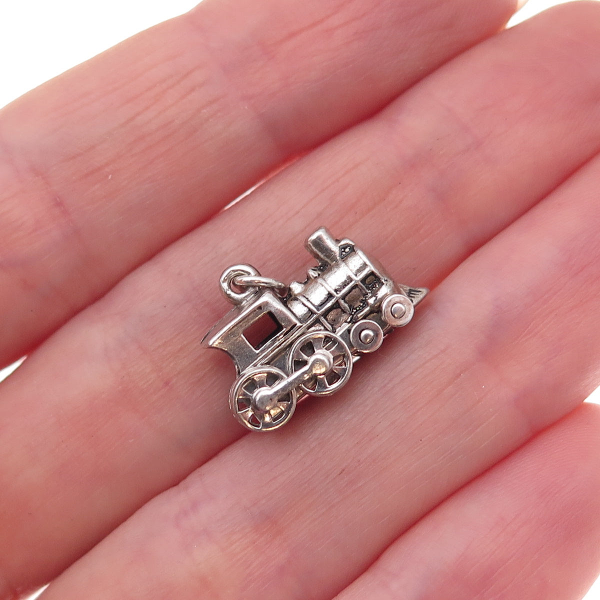 925 Sterling Silver Antique Art Deco Locomotive Train Oxidized 3D Charm Pendant