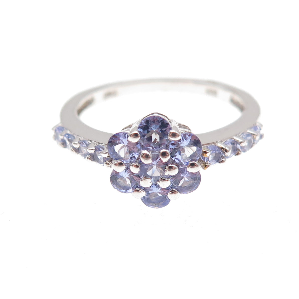 Chuck Clemency Sterling Silver Real Round-Cut Tanzanite Floral Ring Size 8.25