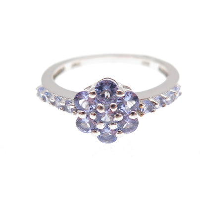 Chuck Clemency Sterling Silver Real Round-Cut Tanzanite Floral Ring Size 8.25