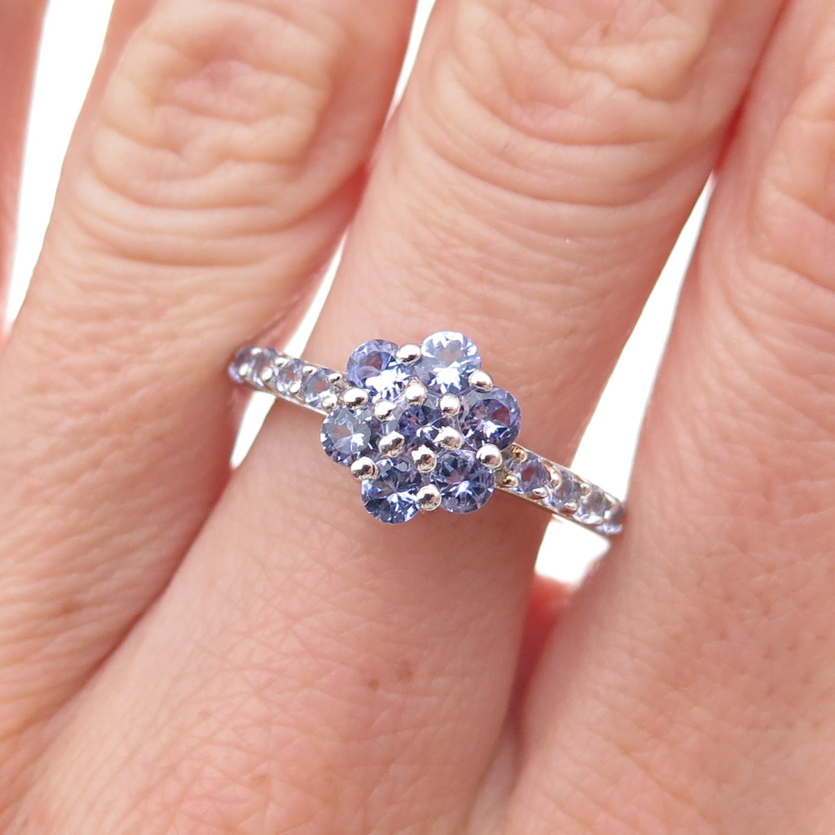 Chuck Clemency Sterling Silver Real Round-Cut Tanzanite Floral Ring Size 8.25