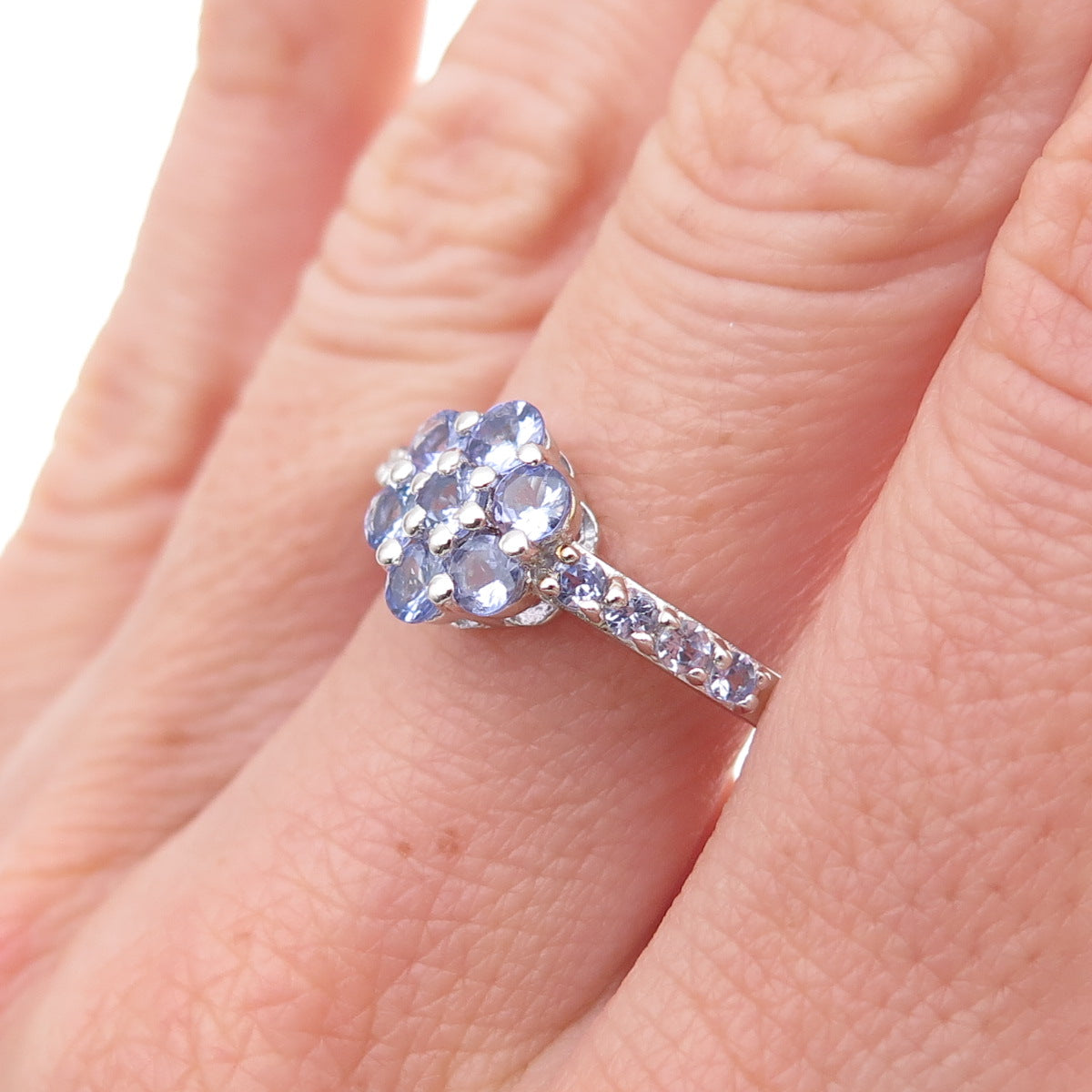 Chuck Clemency Sterling Silver Real Round-Cut Tanzanite Floral Ring Size 8.25
