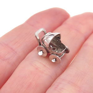 925 Sterling Silver Antique Art Deco Baby Stroller Movable 3D Charm Pendant