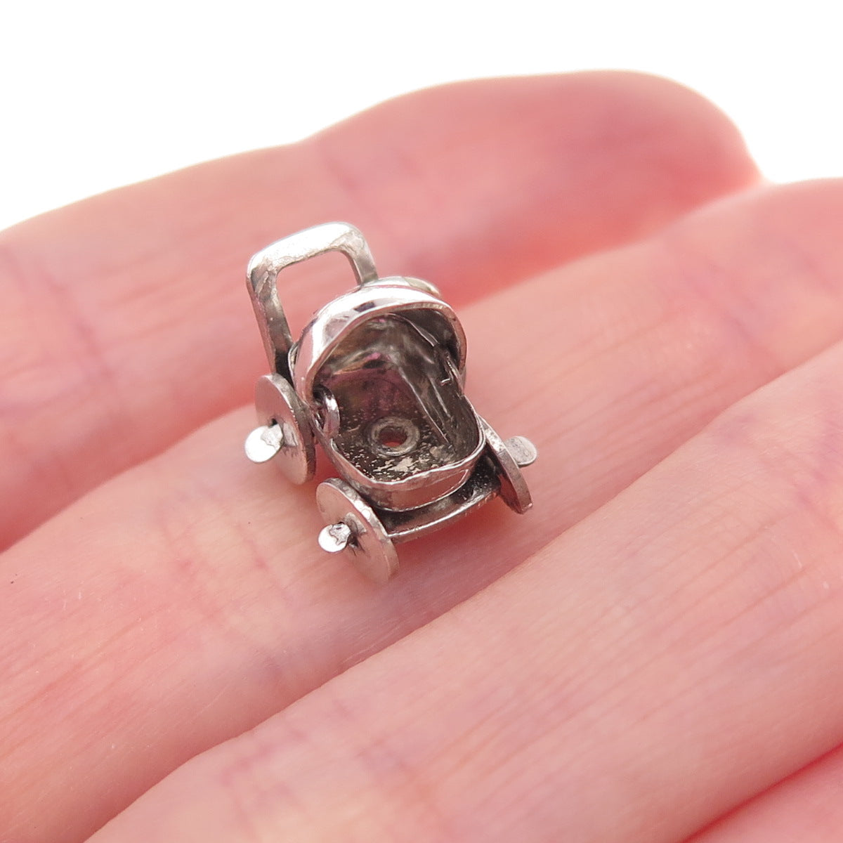 925 Sterling Silver Antique Art Deco Baby Stroller Movable 3D Charm Pendant