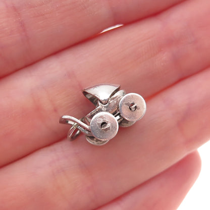 925 Sterling Silver Antique Art Deco Baby Stroller Movable 3D Charm Pendant