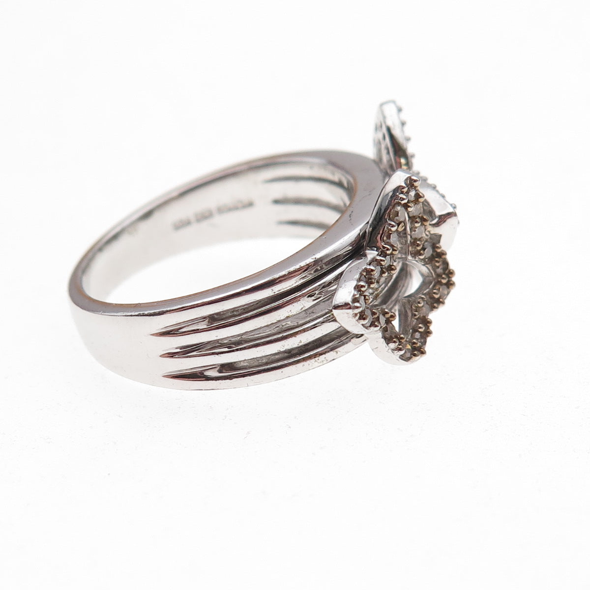 925 Sterling Silver 2-Tone Mexico Real Round-Cut Diamond Butterfly Ring Size 7