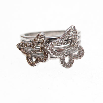 925 Sterling Silver 2-Tone Mexico Real Round-Cut Diamond Butterfly Ring Size 7