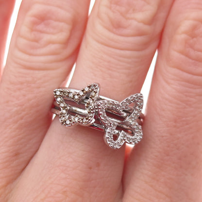 925 Sterling Silver 2-Tone Mexico Real Round-Cut Diamond Butterfly Ring Size 7