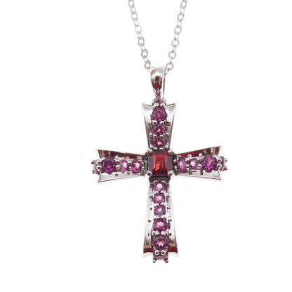 925 Sterling Silver Mexico Real Red Garnet & Amethyst Cross Chain Necklace 18"