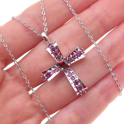 925 Sterling Silver Mexico Real Red Garnet & Amethyst Cross Chain Necklace 18"