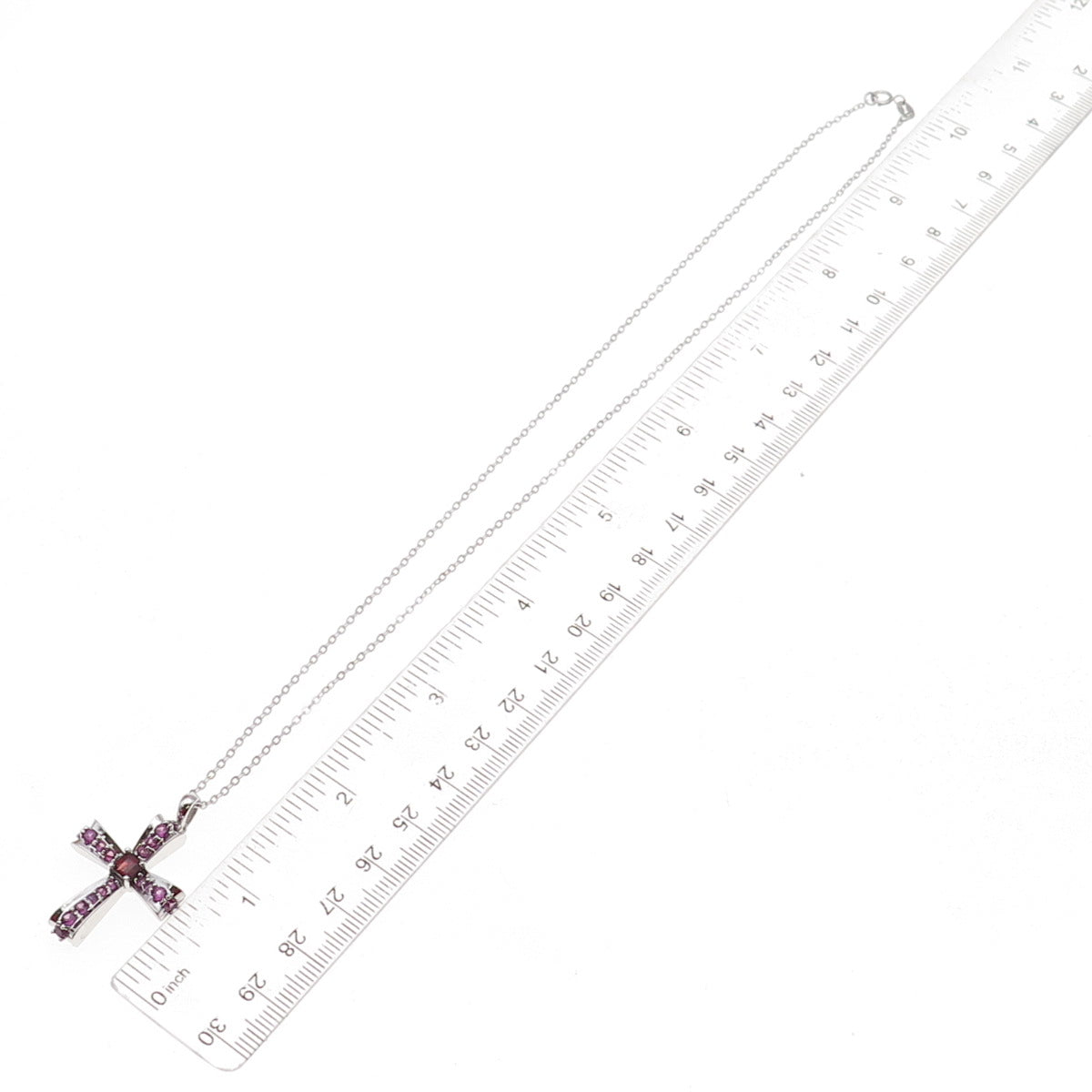 925 Sterling Silver Mexico Real Red Garnet & Amethyst Cross Chain Necklace 18"
