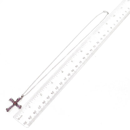 925 Sterling Silver Mexico Real Red Garnet & Amethyst Cross Chain Necklace 18"