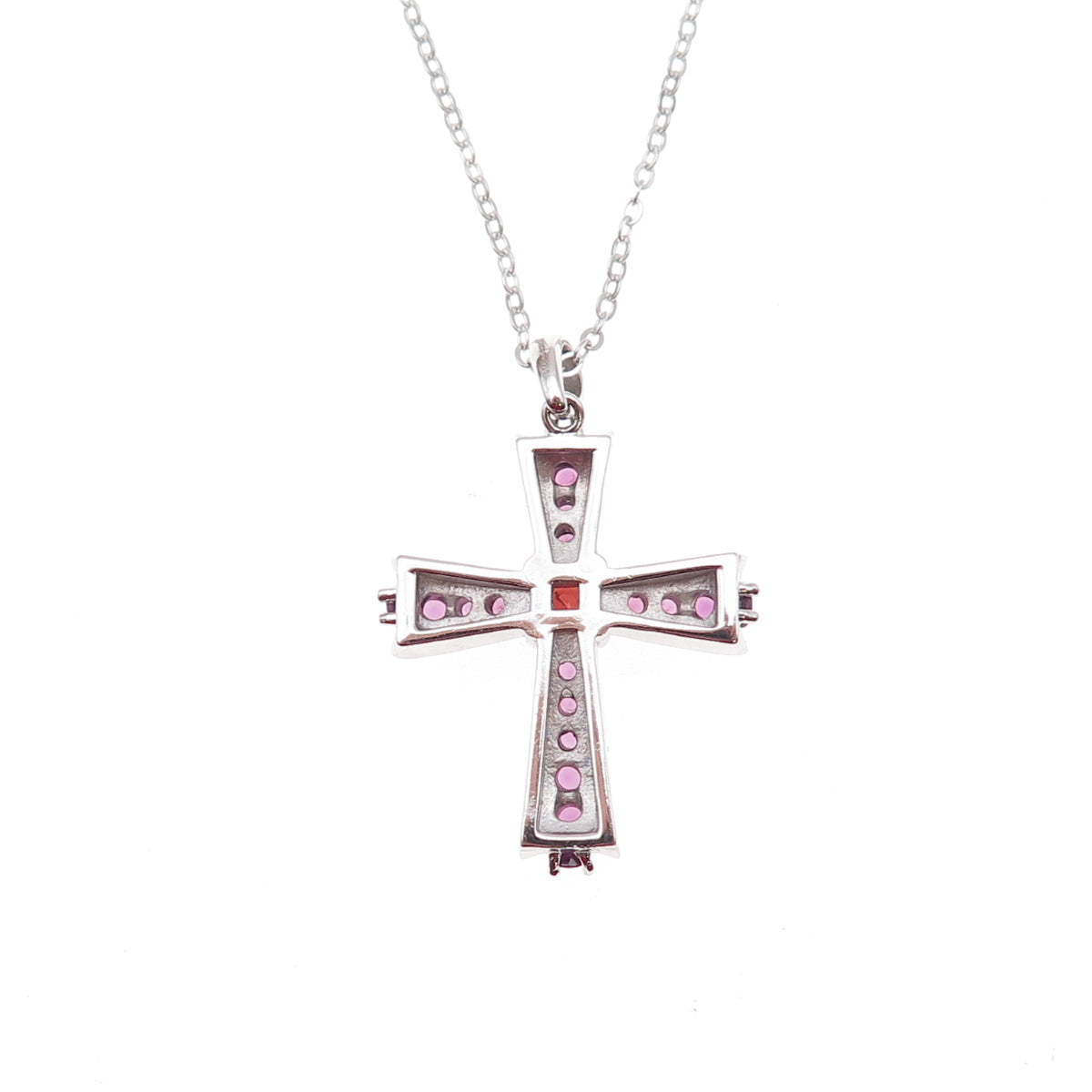 925 Sterling Silver Mexico Real Red Garnet & Amethyst Cross Chain Necklace 18"