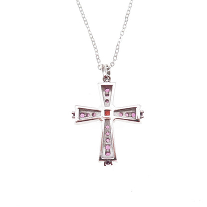 925 Sterling Silver Mexico Real Red Garnet & Amethyst Cross Chain Necklace 18"