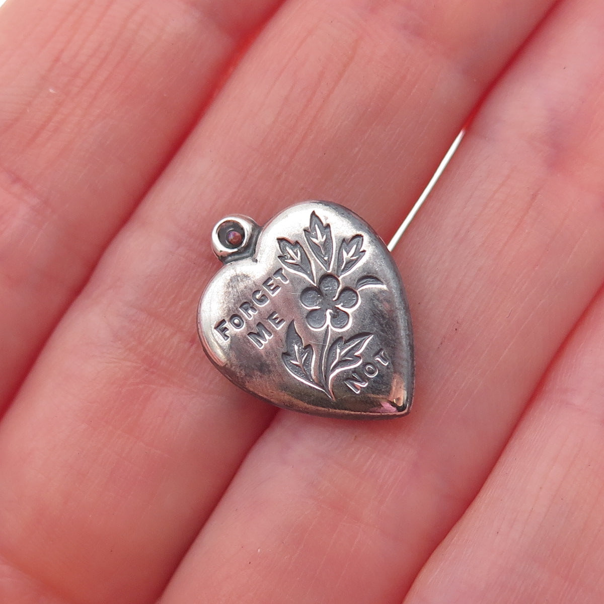 925 Sterling Silver Antique Art Deco Forget Me Not Heart Chatelaine Pendant