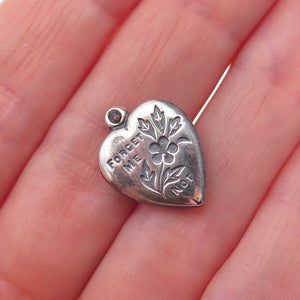 925 Sterling Silver Antique Art Deco Forget Me Not Heart Chatelaine Pendant