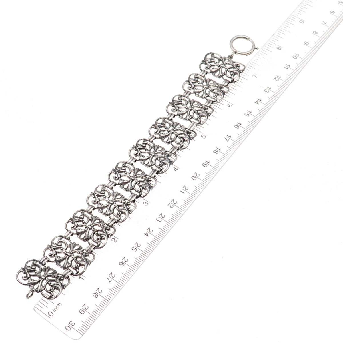925 Sterling Silver Antique Art Deco Floral Panel Link Oxidized Bracelet 7.75"