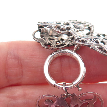 925 Sterling Silver Antique Art Deco Floral Panel Link Oxidized Bracelet 7.75"