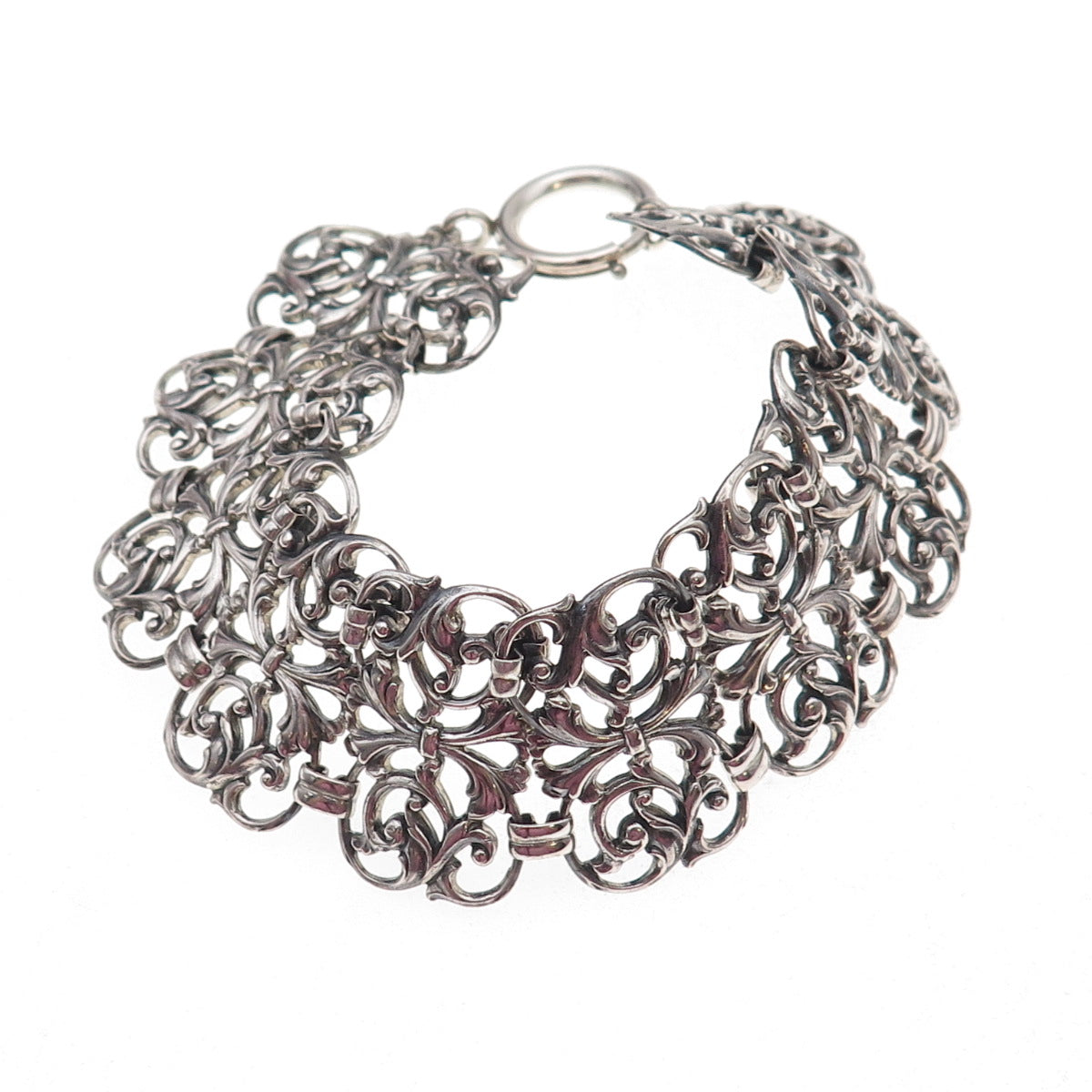 925 Sterling Silver Antique Art Deco Floral Panel Link Oxidized Bracelet 7.75"
