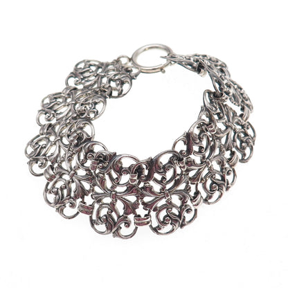 925 Sterling Silver Antique Art Deco Floral Panel Link Oxidized Bracelet 7.75"