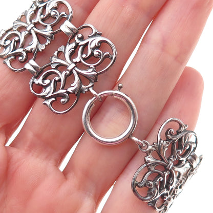 925 Sterling Silver Antique Art Deco Floral Panel Link Oxidized Bracelet 7.75"