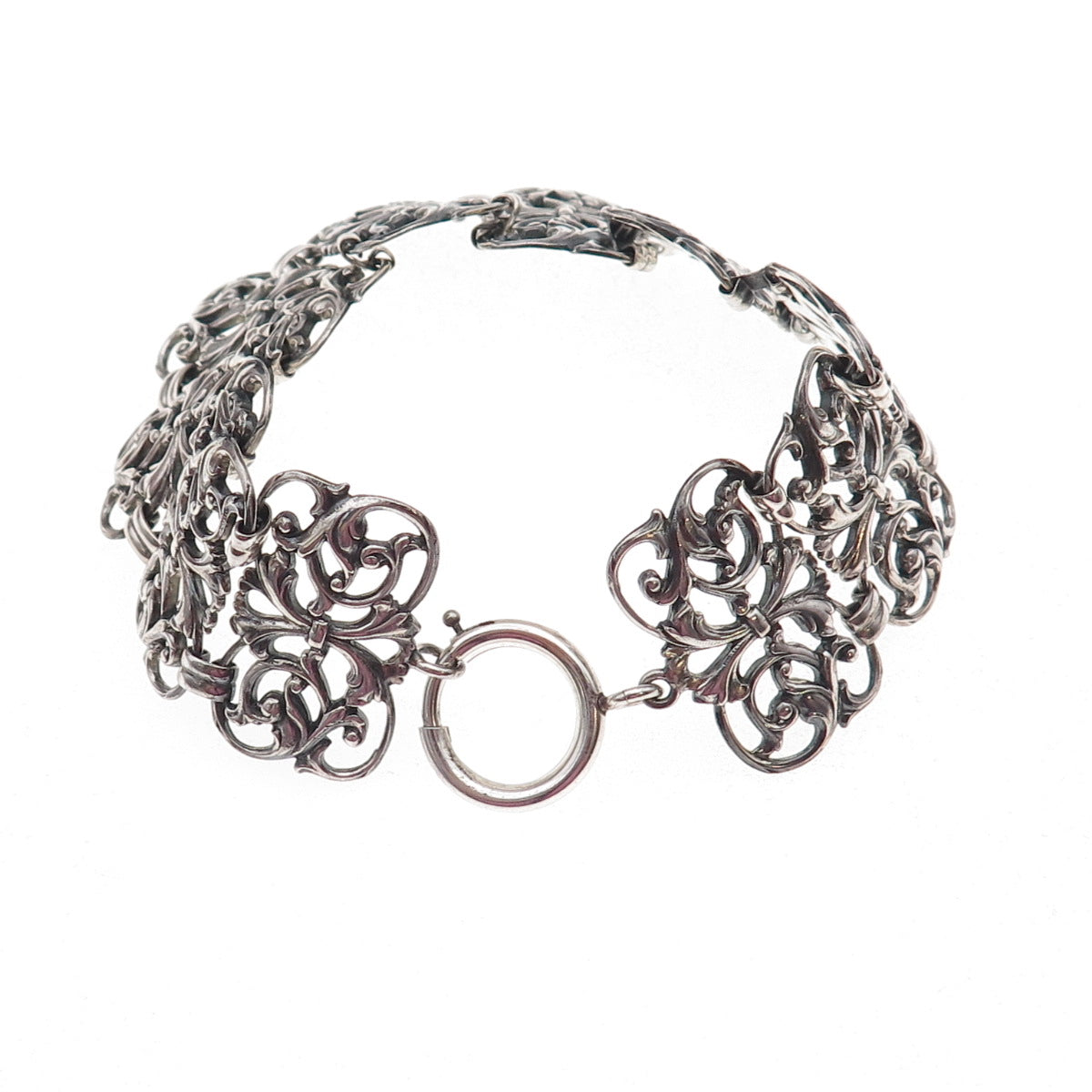 925 Sterling Silver Antique Art Deco Floral Panel Link Oxidized Bracelet 7.75"