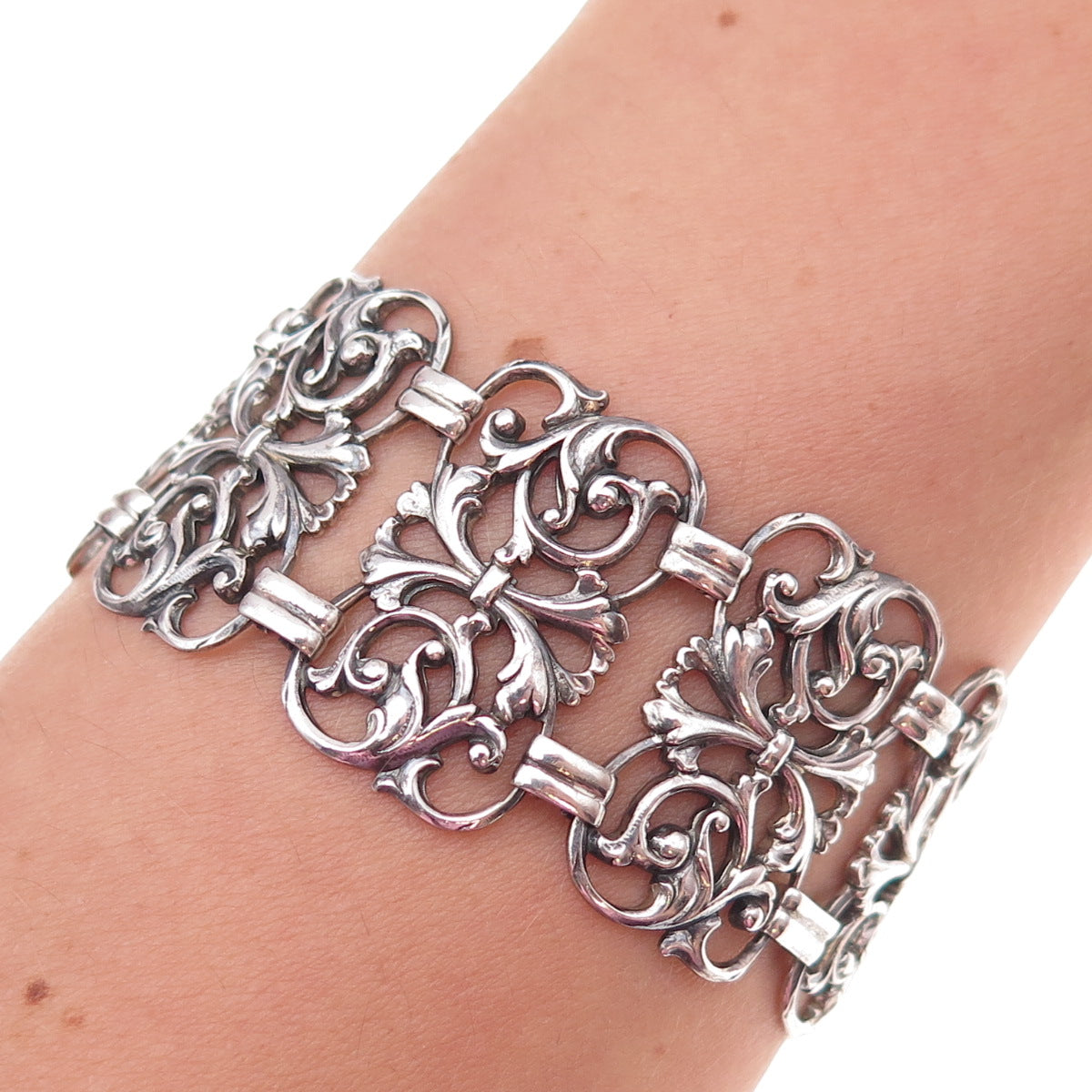 925 Sterling Silver Antique Art Deco Floral Panel Link Oxidized Bracelet 7.75"