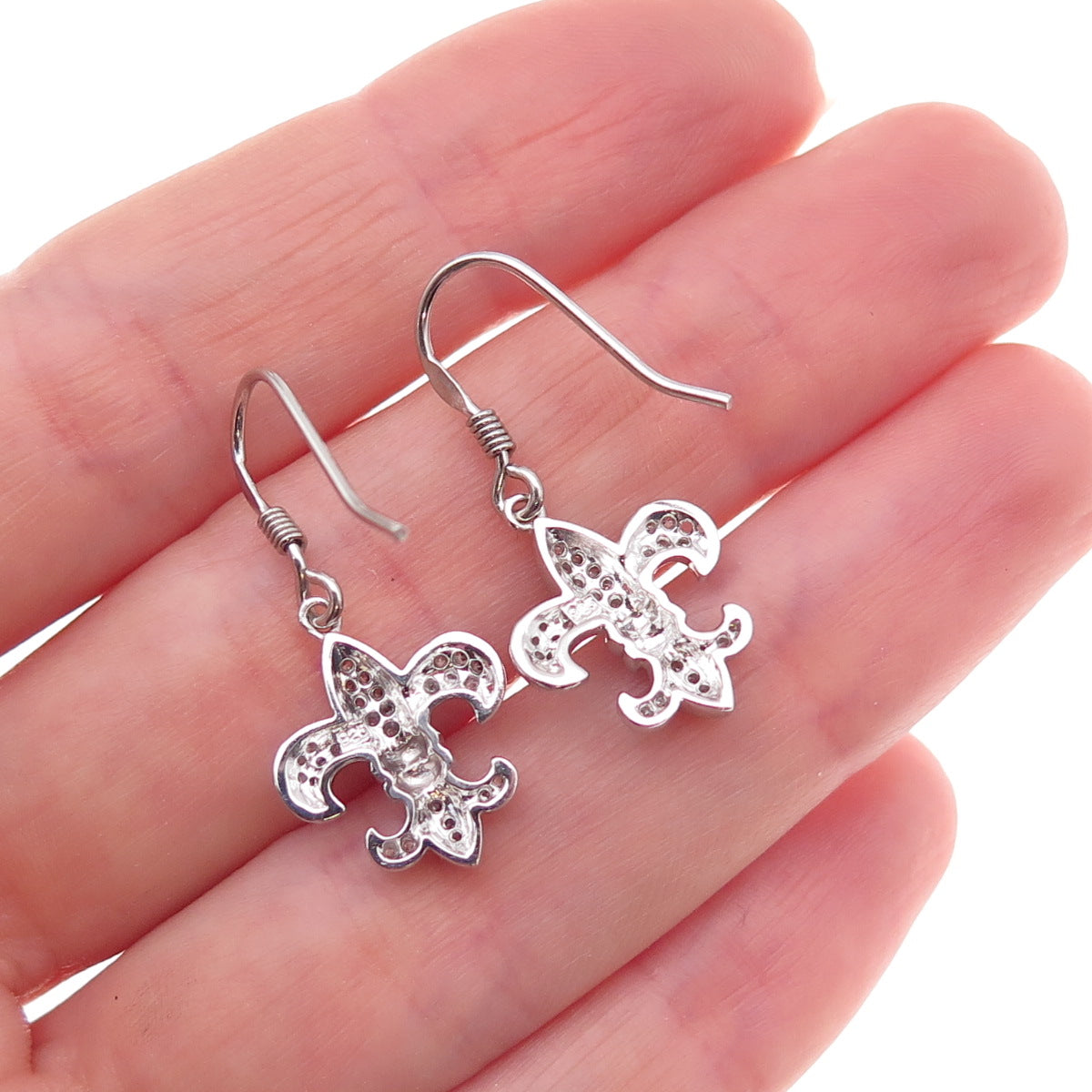 925 Sterling Silver Round-Cut C Z Fleur de Lis Dangle Earrings