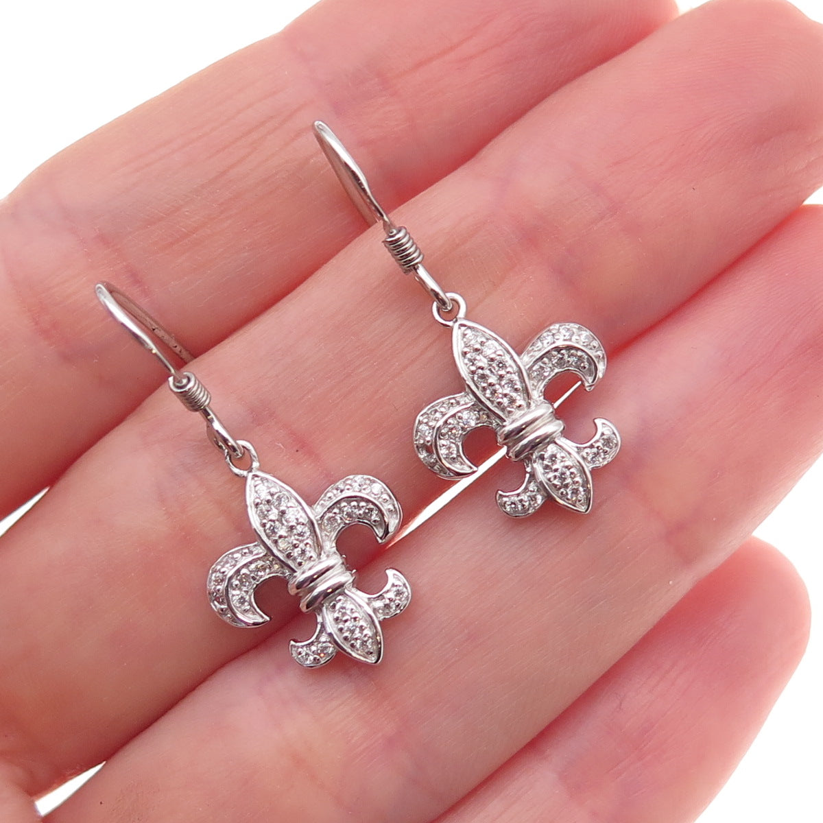 925 Sterling Silver Round-Cut C Z Fleur de Lis Dangle Earrings